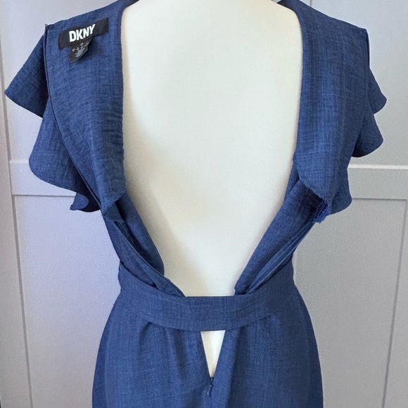 DKNY Womens 8 Midi Dress Blue Pleated V-Neckline Flutter Sleeves Office Party - Picture 6 of 9